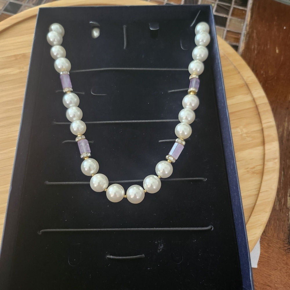 Stauer Necklace Pearls Rhinestones Lavender Gold Tone